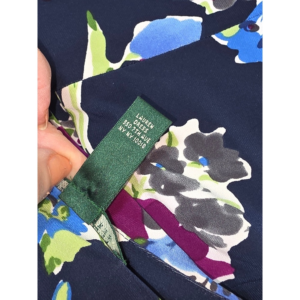 Lauren Ralph Lauren Navy Blue Floral Ruched V-Neck Sheath Dress Womens 10 - Picture 2 of 9